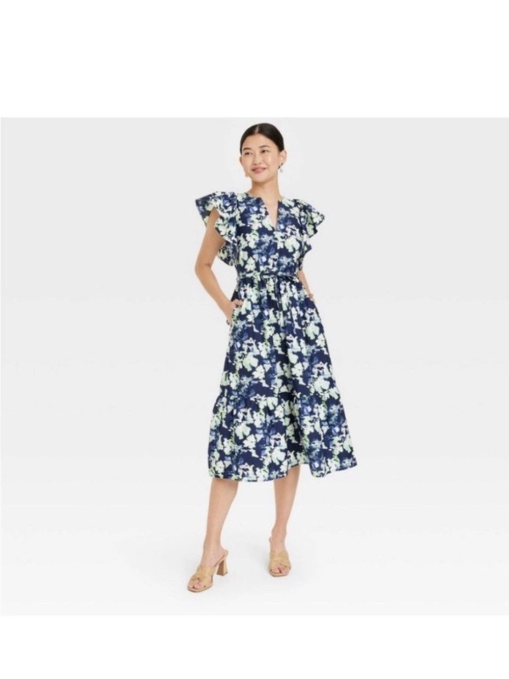 A New Day Floral Midi Dress with Flutter Sleeves - Navy Floral S